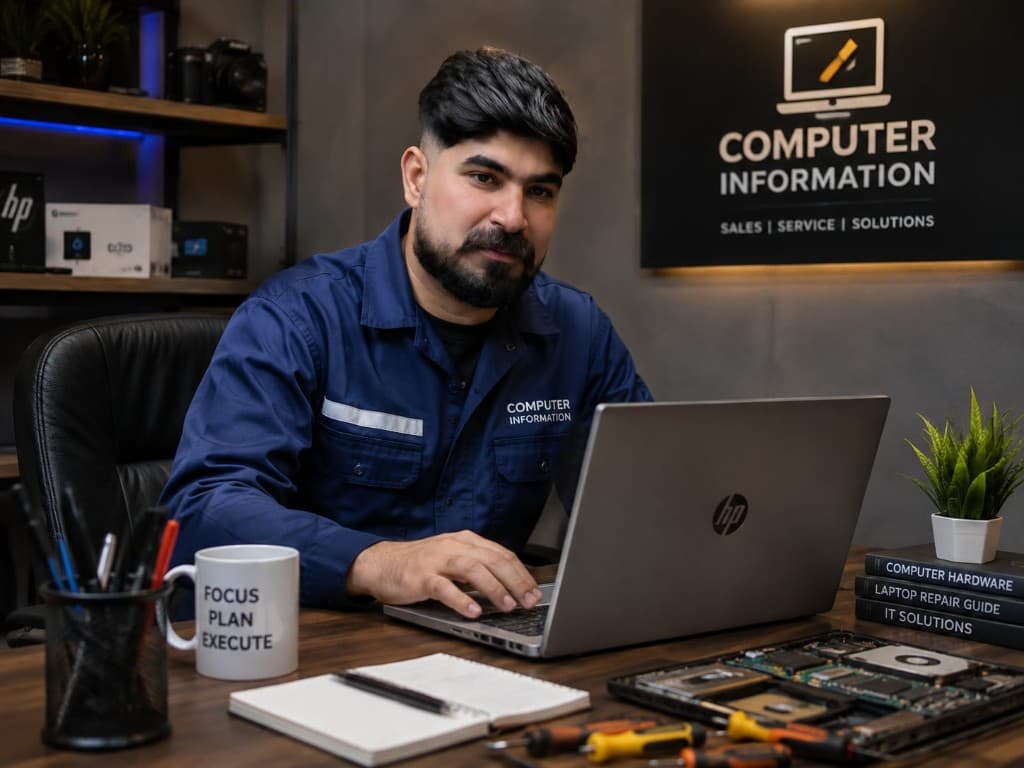 Technician repairing a laptop at the AB Computer Technologies workshop