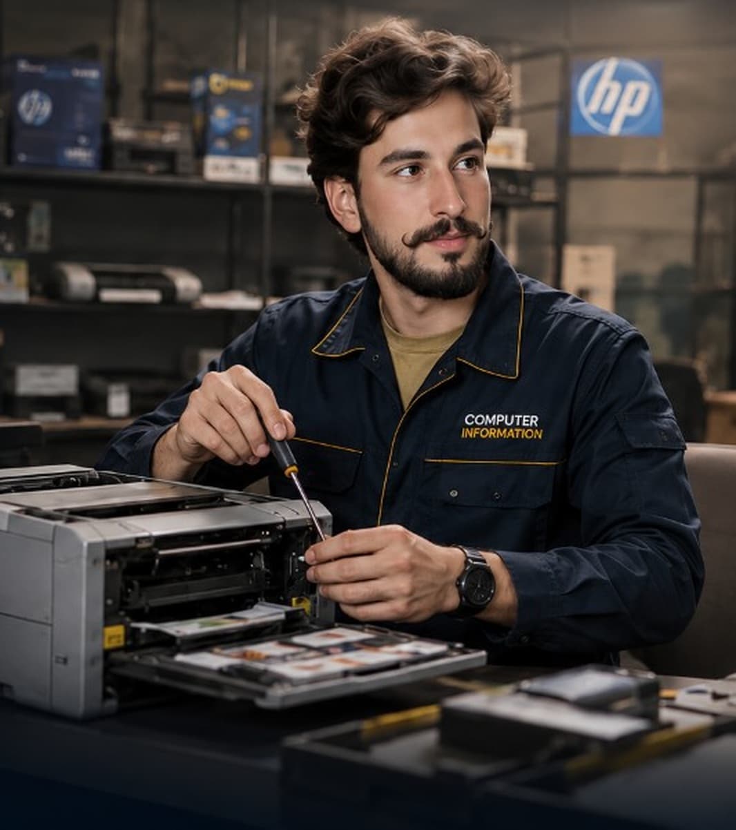 Technician repairing a complete office printer for AB Computer Technologies customers